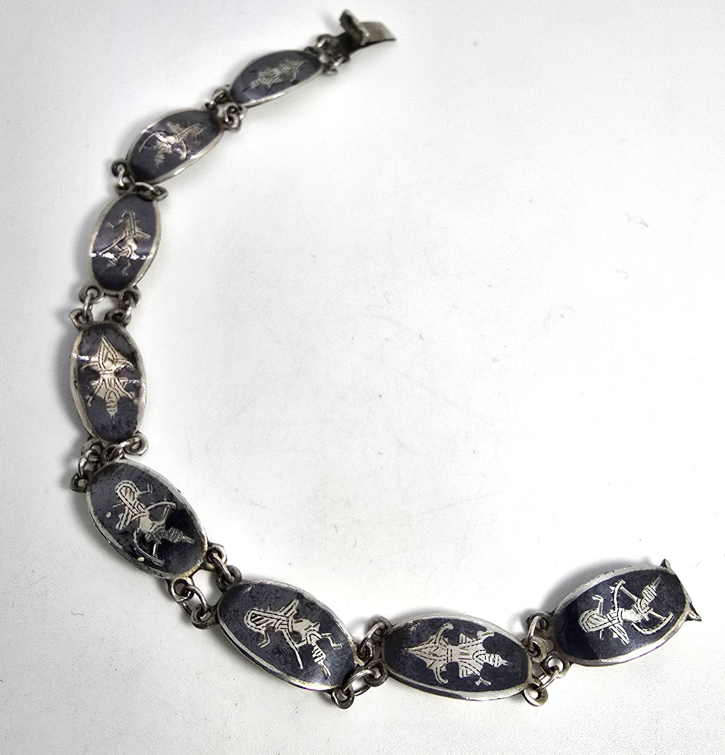 Siam Black Nielloware enamel thin deity vintage sterling silver bracelet
