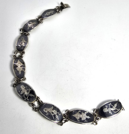 Siam Black Nielloware enamel thin deity vintage sterling silver bracelet