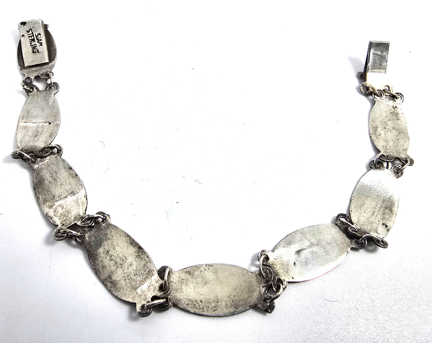 Siam Black Nielloware enamel thin deity vintage sterling silver bracelet