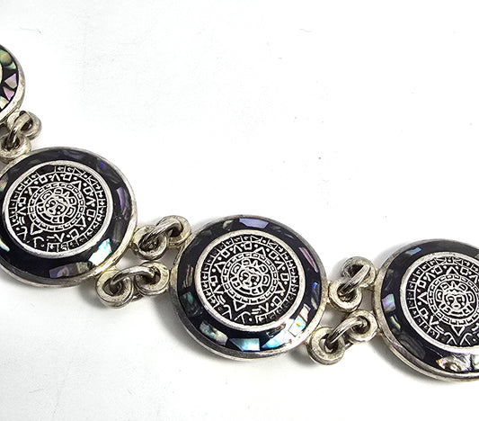 Aztec Calendar Taxco Mexico Abalone inlay sterling silver vintage coin bracelet