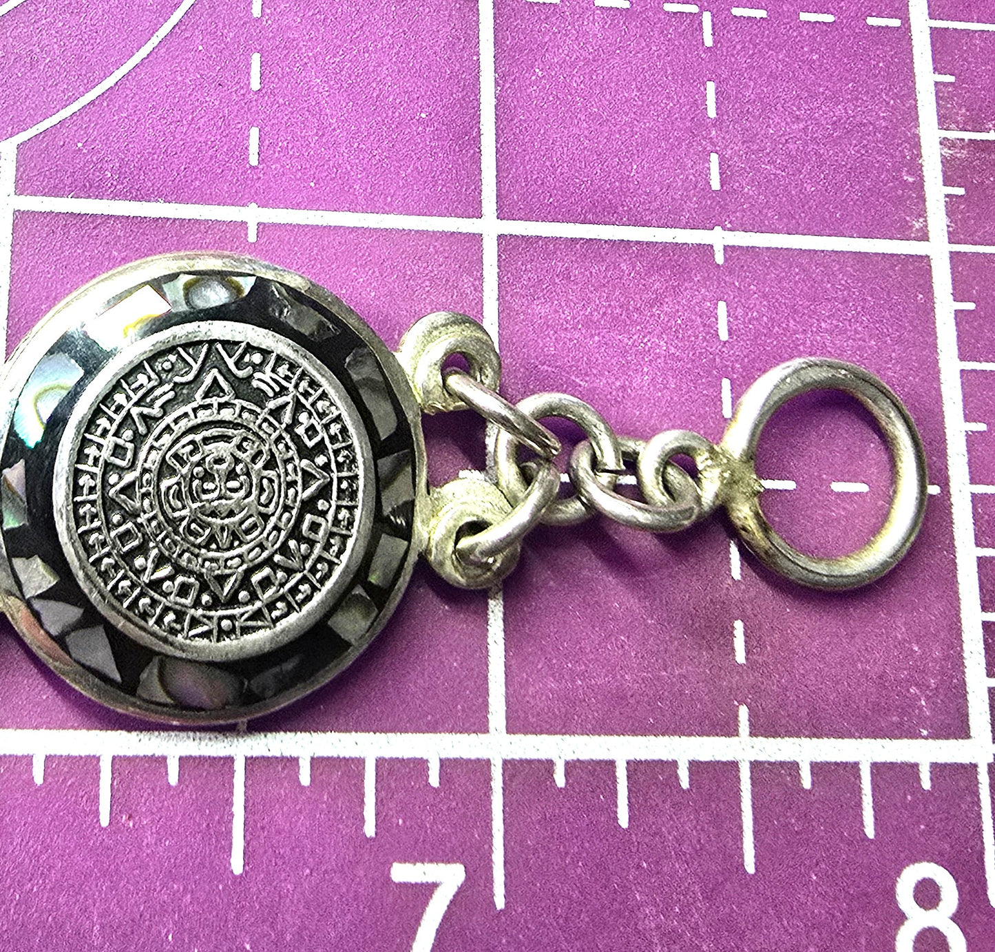 Aztec Calendar Taxco Mexico Abalone inlay sterling silver vintage coin bracelet