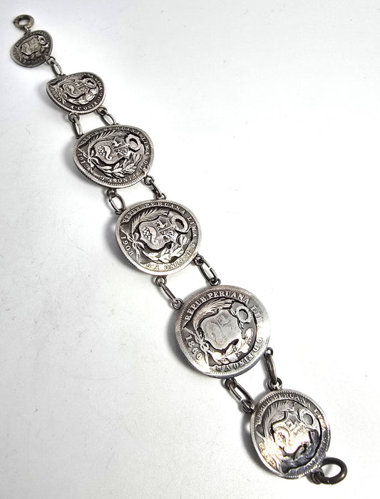 Peruvian Sol Antique Edwardian sterling silver tourist cut coin bracelet 1866-1912