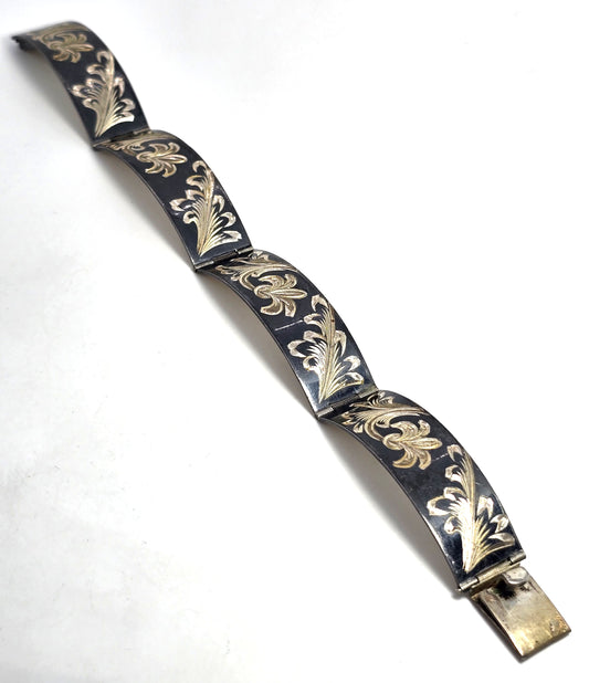 Beatrice Imports Mexican Black enamel Etched vintage sterling silver panel bracelet