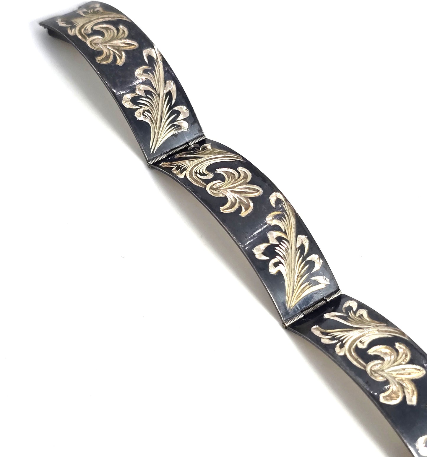 Beatrice Imports Mexican Black enamel Etched vintage sterling silver panel bracelet