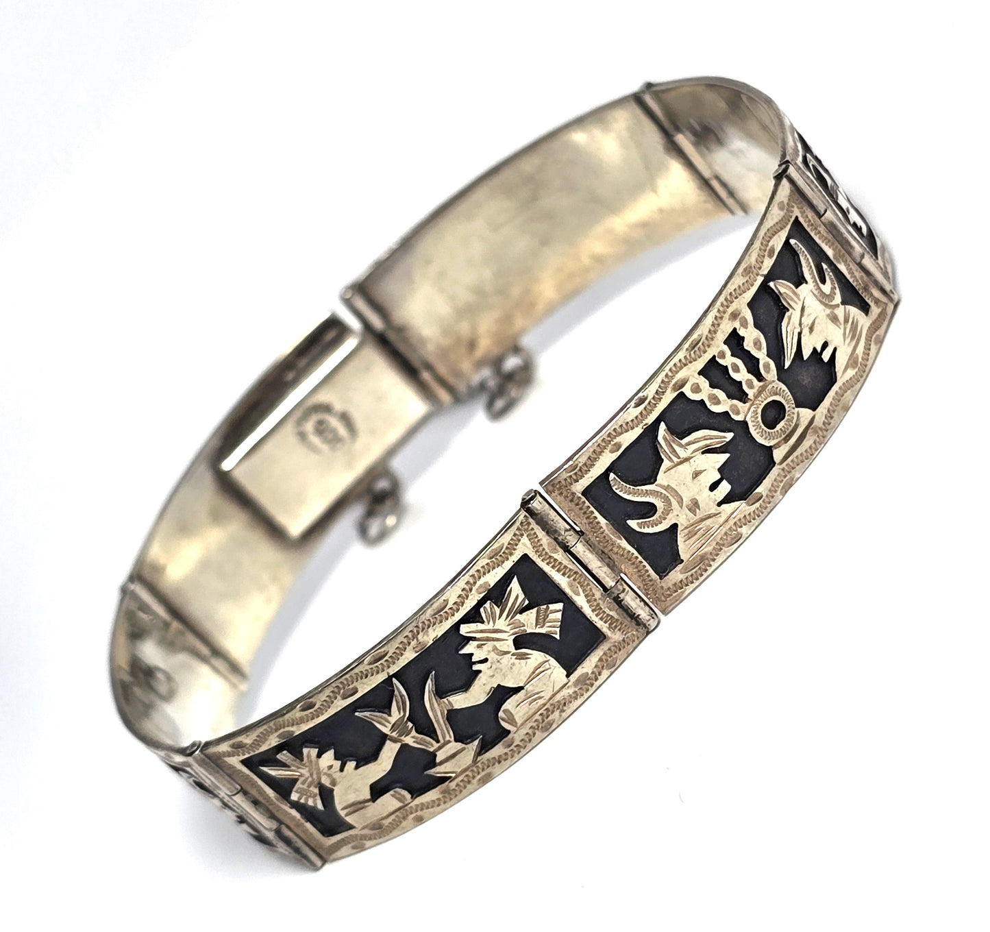 Peruvian Story teller Etched vintage 900 sterling silver panel bracelet Tipica
