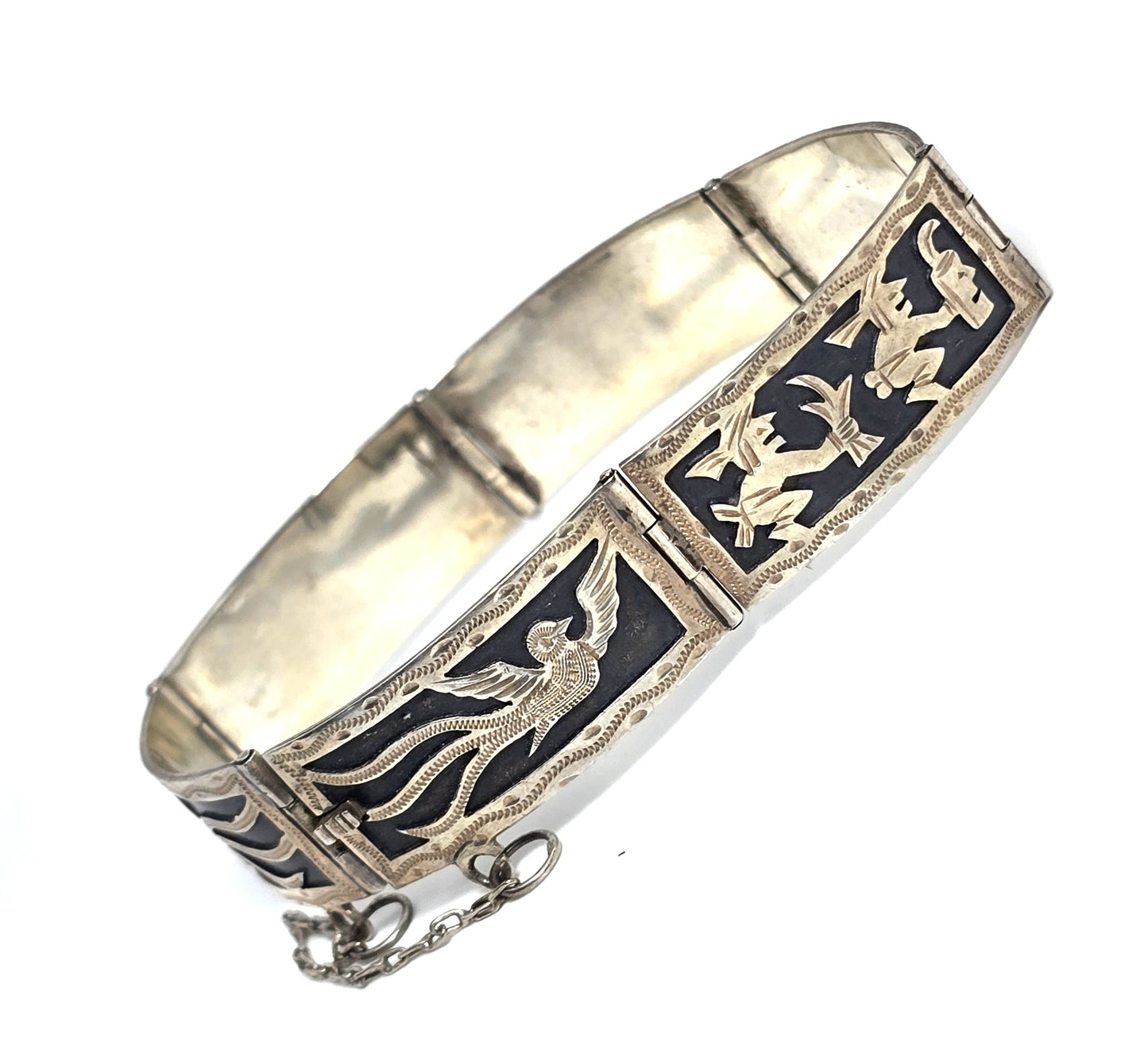 Peruvian Story teller Etched vintage 900 sterling silver panel bracelet Tipica
