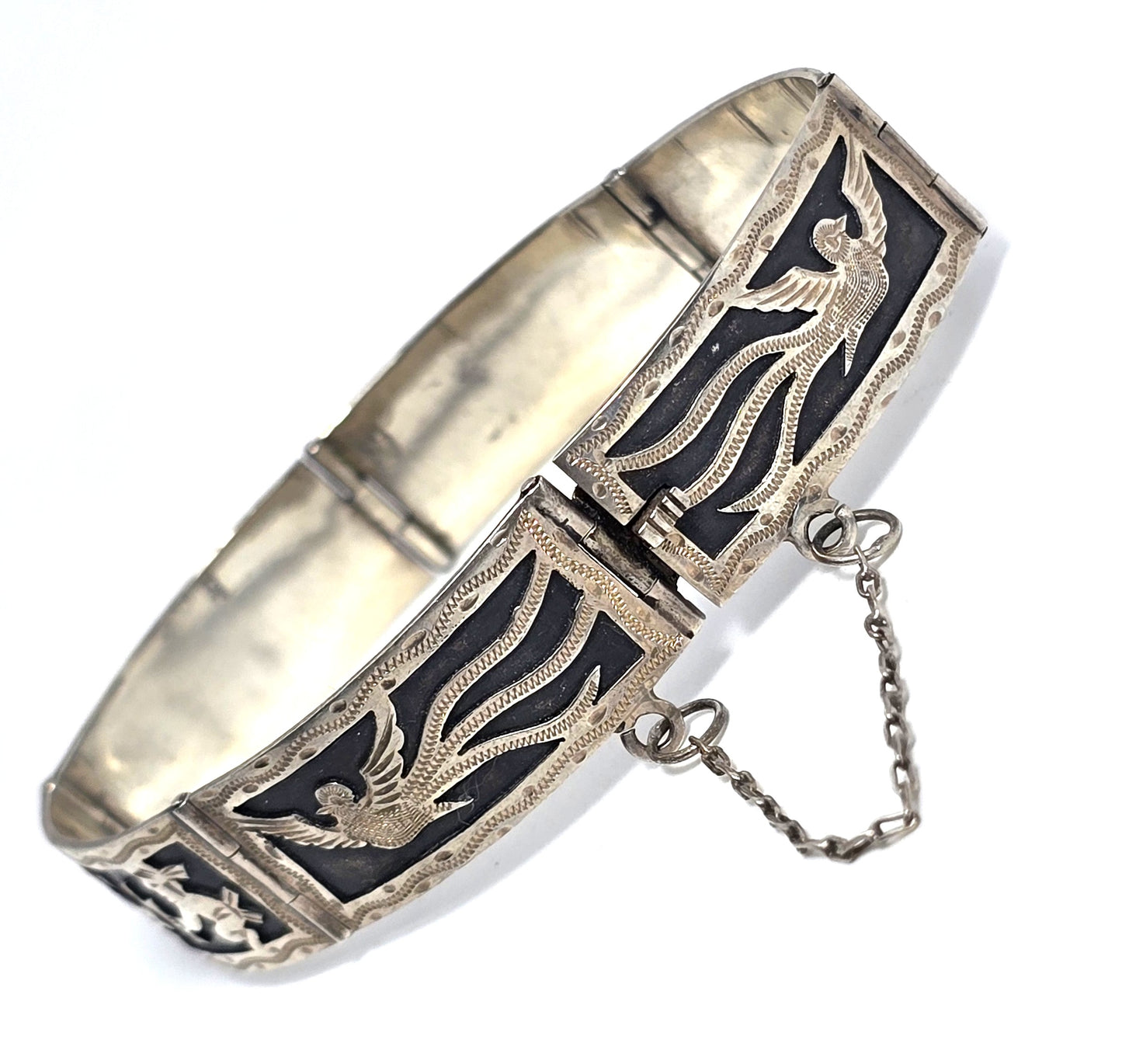Peruvian Story teller Etched vintage 900 sterling silver panel bracelet Tipica