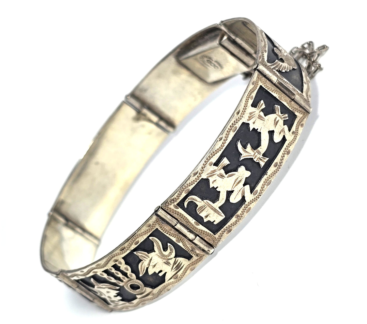 Peruvian Story teller Etched vintage 900 sterling silver panel bracelet Tipica