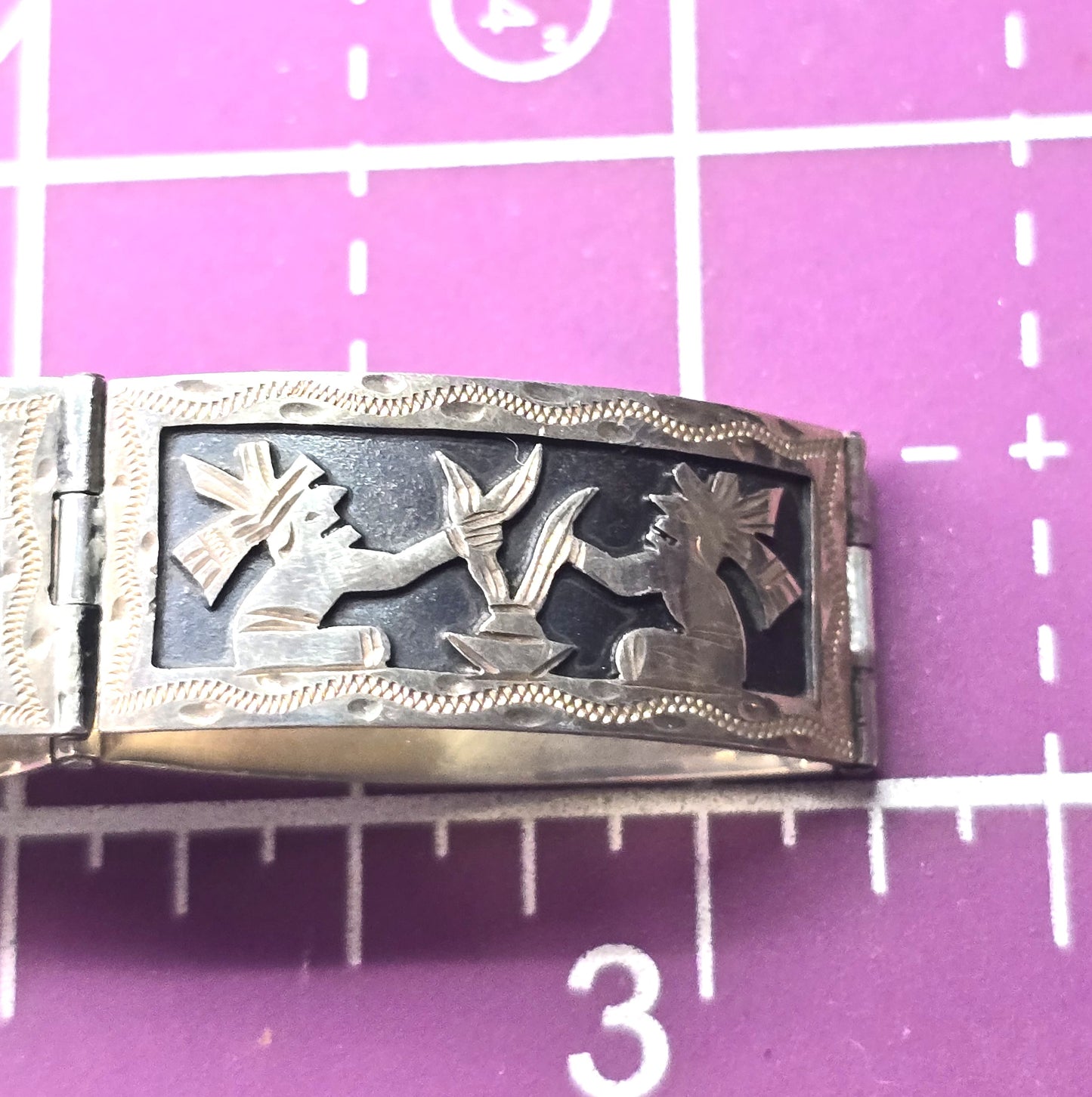 Peruvian Story teller Etched vintage 900 sterling silver panel bracelet Tipica