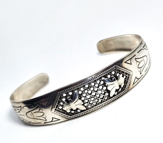 Art Nouveau mesh tulip floral etched sterling silver antique bangle bracelet
