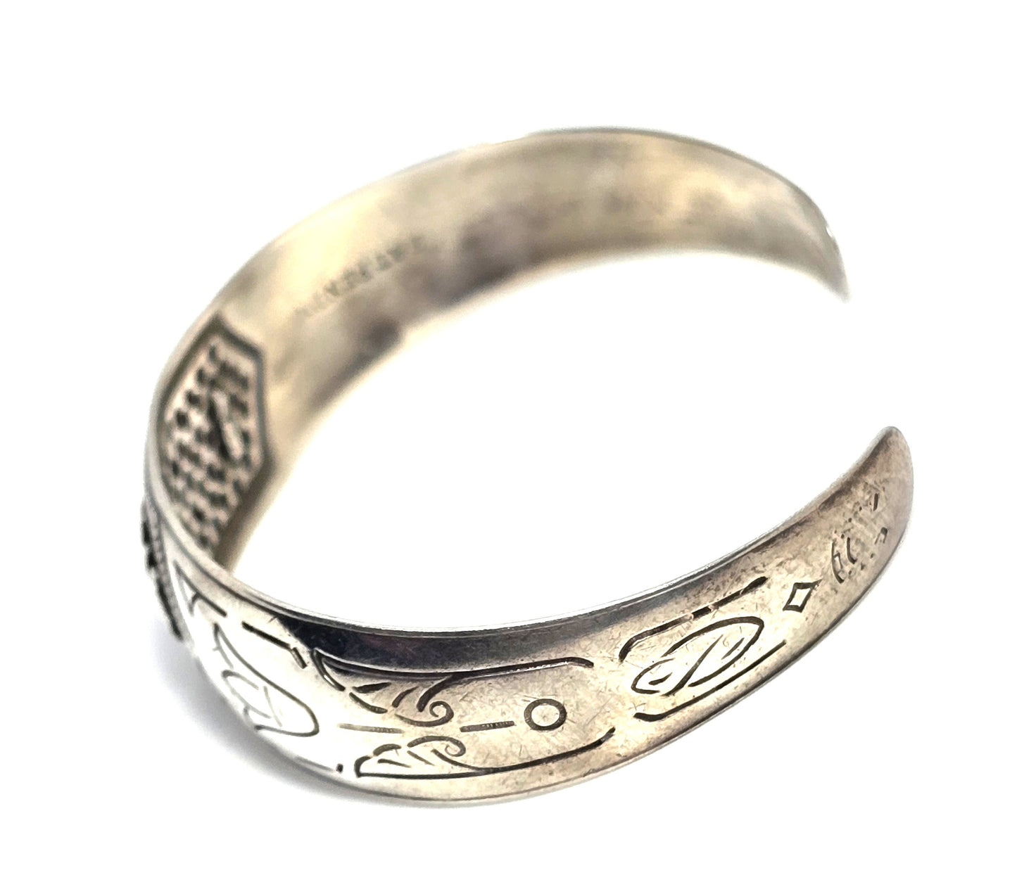 Art Nouveau mesh tulip floral etched sterling silver antique bangle bracelet