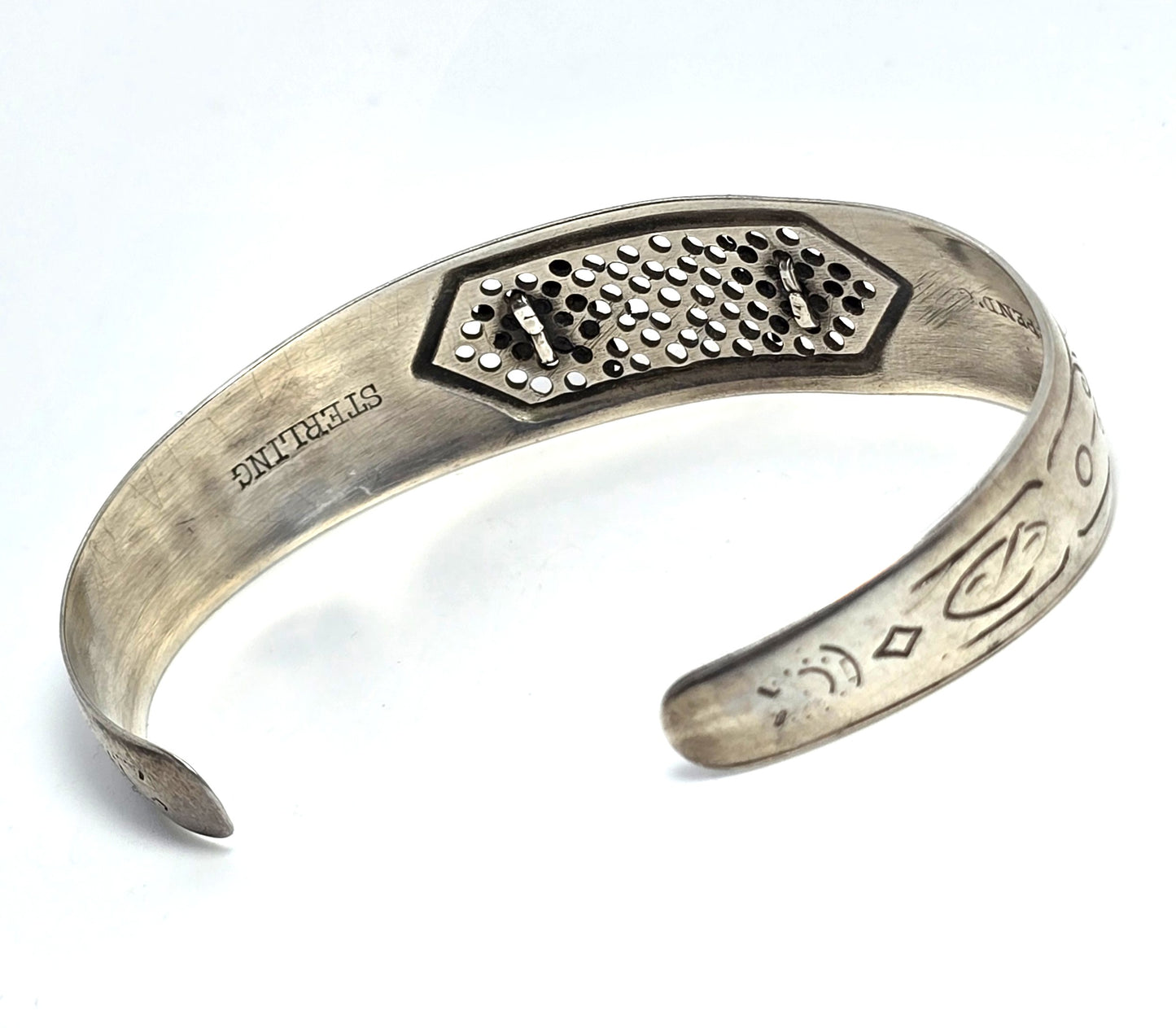 Art Nouveau mesh tulip floral etched sterling silver antique bangle bracelet