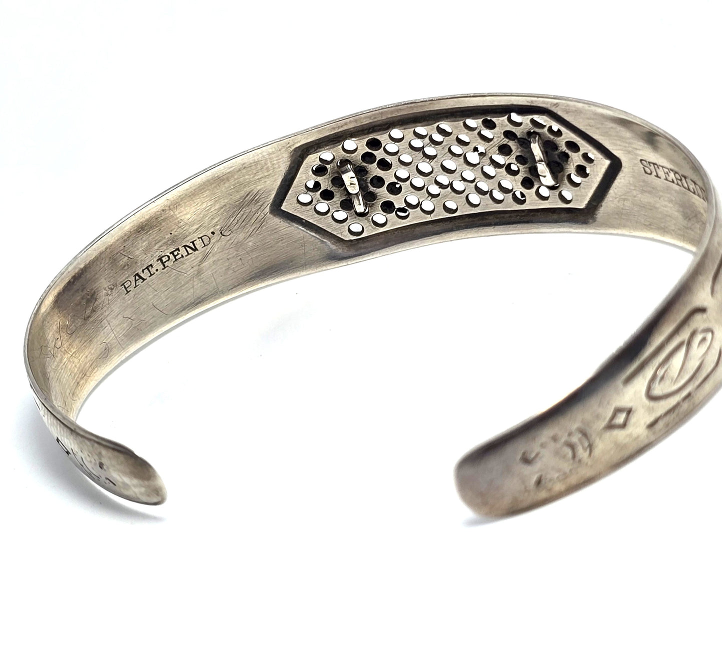 Art Nouveau mesh tulip floral etched sterling silver antique bangle bracelet