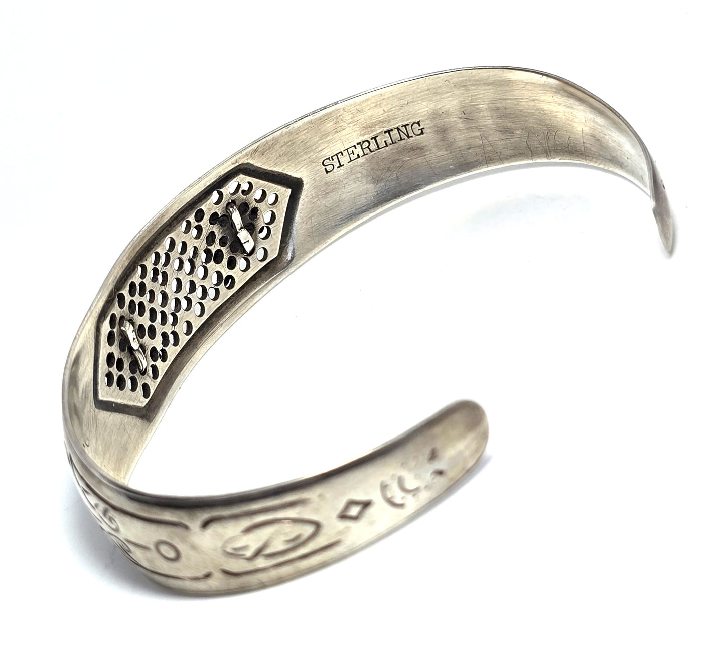 Art Nouveau mesh tulip floral etched sterling silver antique bangle bracelet