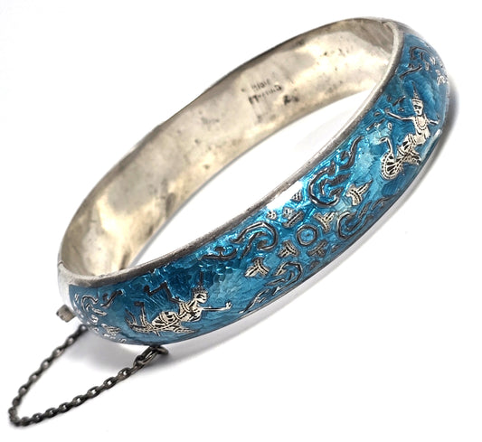 Siam Guilloche Bright teal blue enamel vintage sterling silver cuff bangle bracelet CHIP