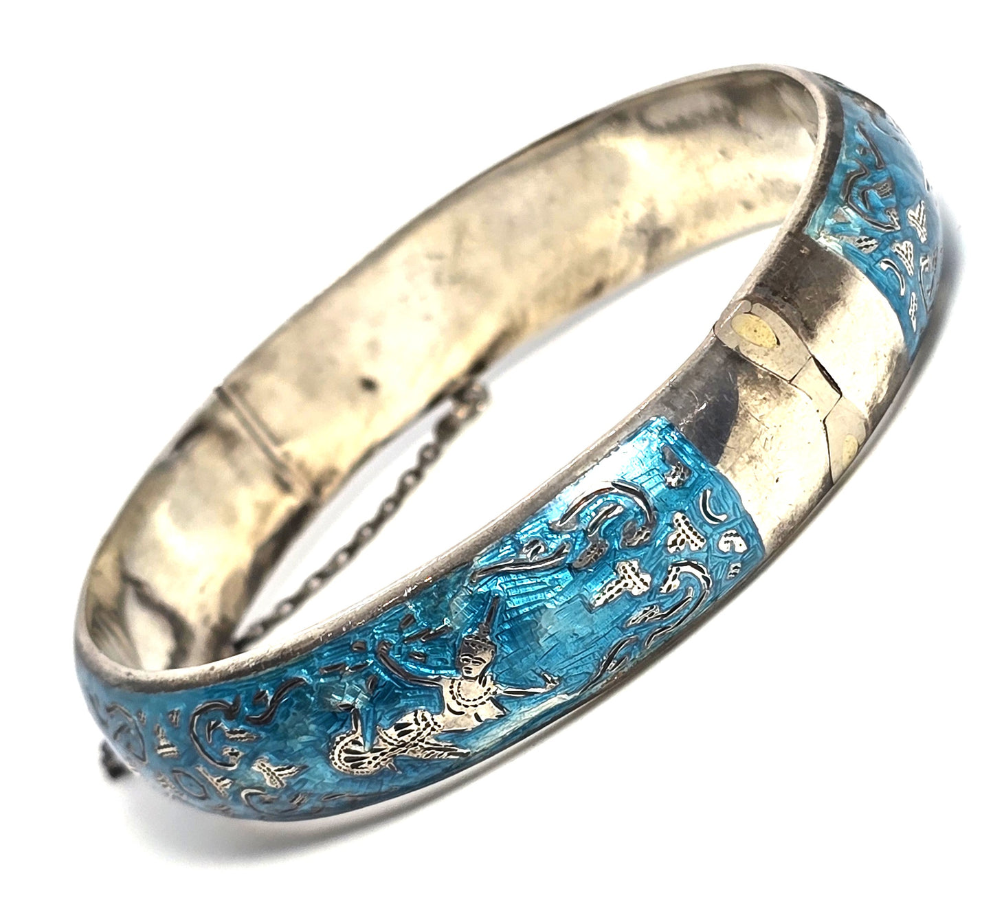 Siam Guilloche Bright teal blue enamel vintage sterling silver cuff bangle bracelet CHIP
