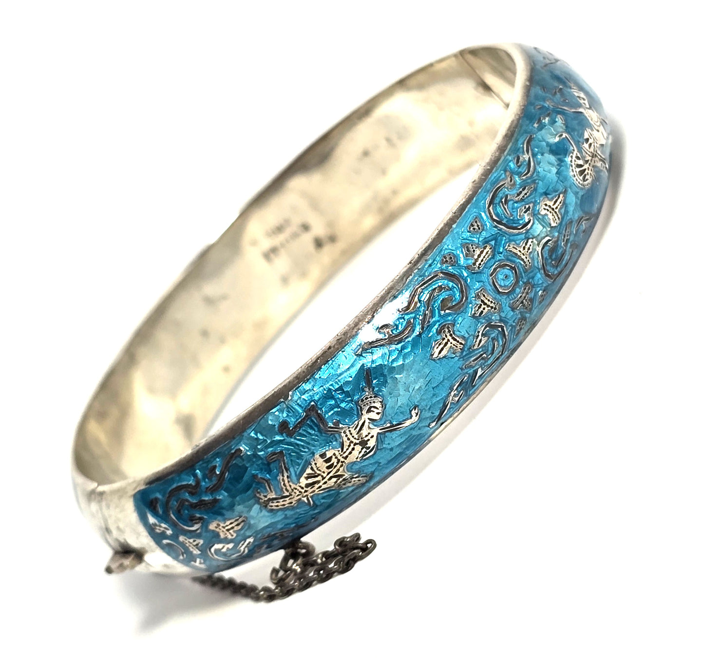 Siam Guilloche Bright teal blue enamel vintage sterling silver cuff bangle bracelet CHIP