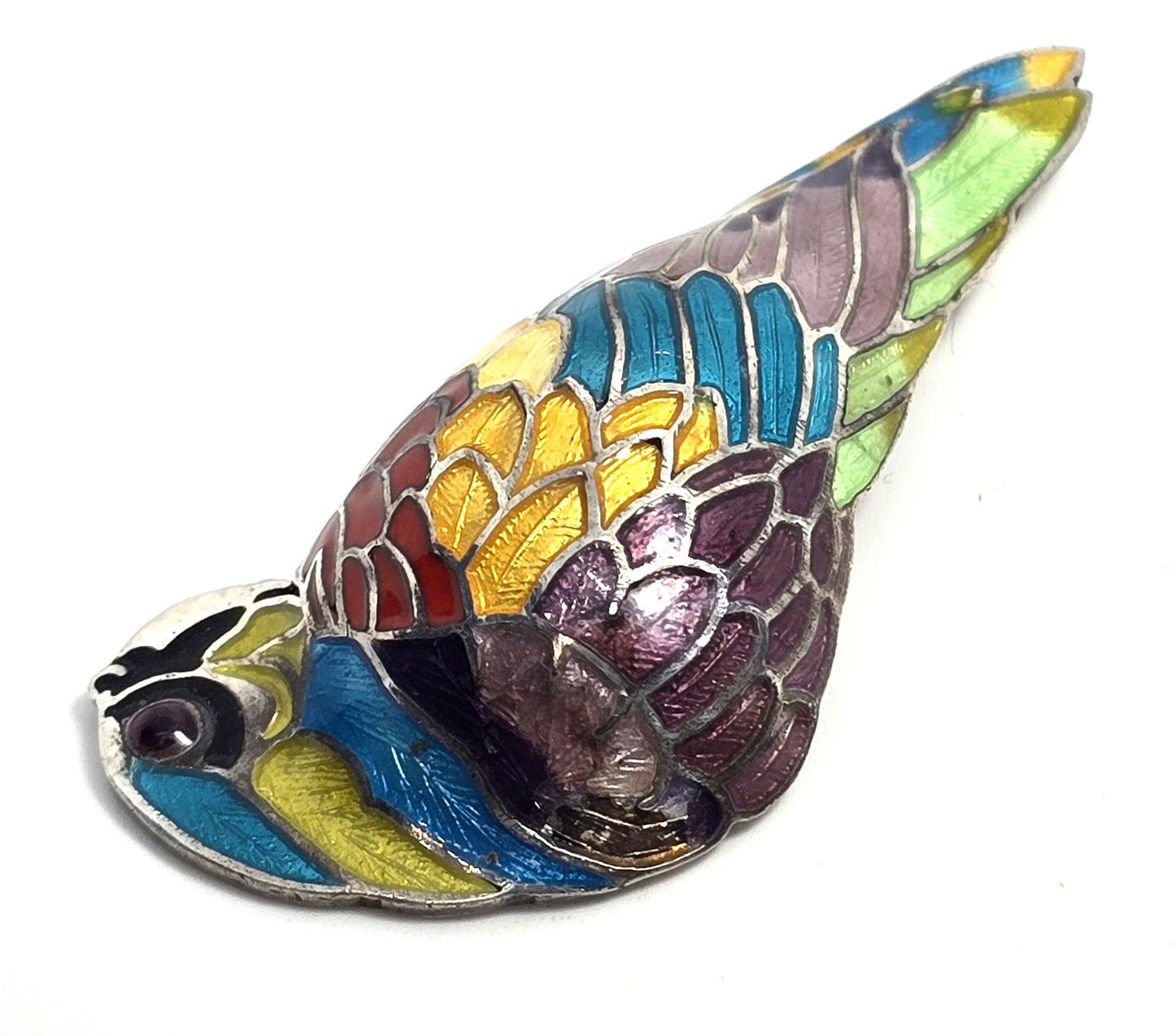 McCaw Parrot Maya Taxco Mexico TM-171 vintage Enamel Sterling Silver Brooch CHIP