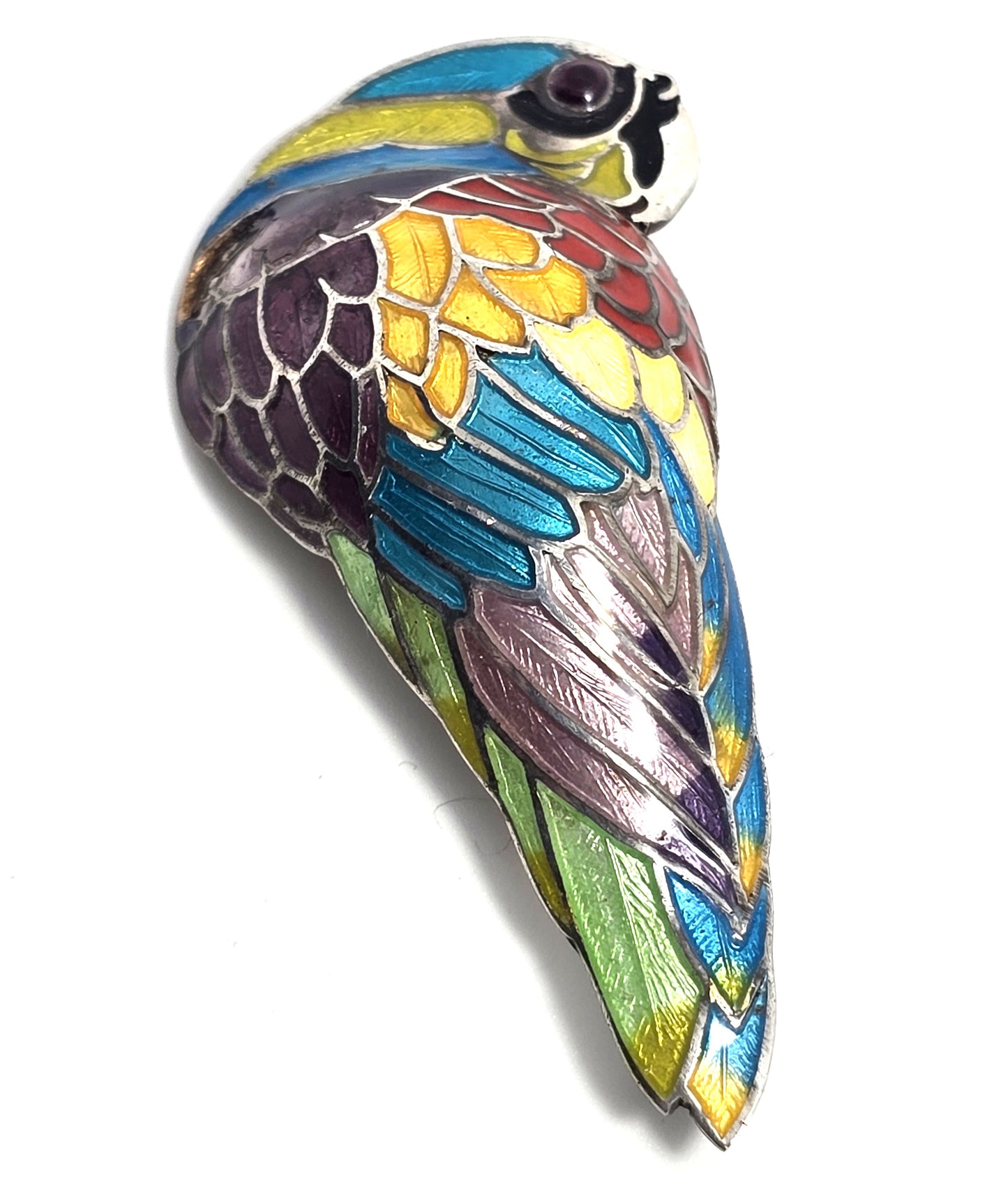 McCaw Parrot Maya Taxco Mexico TM-171 vintage Enamel Sterling Silver Brooch CHIP