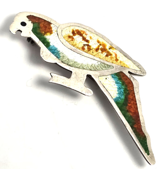Taxco Mexico CRV Vintage Sterling Silver Enamel sun conure Bird Brooch eagle mark