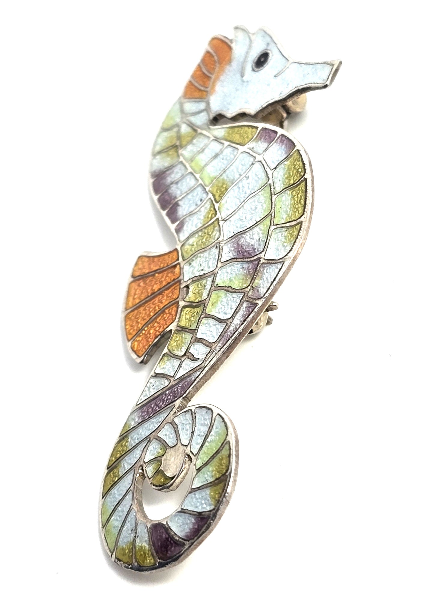 Seahorse Castelan Mexico Sterling Silver Enamel Taxco Vintage Brooch eagle mark