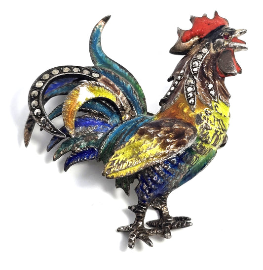 Rooster Alice Caviness Sterling Silver Enamel Marcasite farm Chicken vintage Brooch Pin