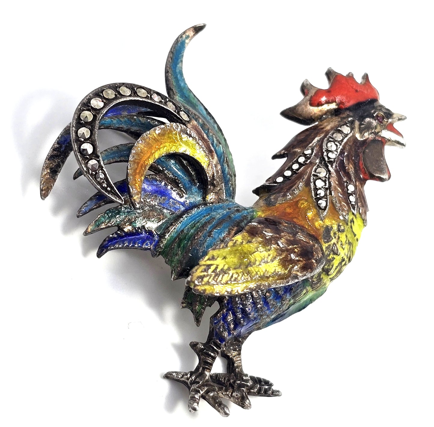 Rooster Alice Caviness Sterling Silver Enamel Marcasite farm Chicken vintage Brooch Pin