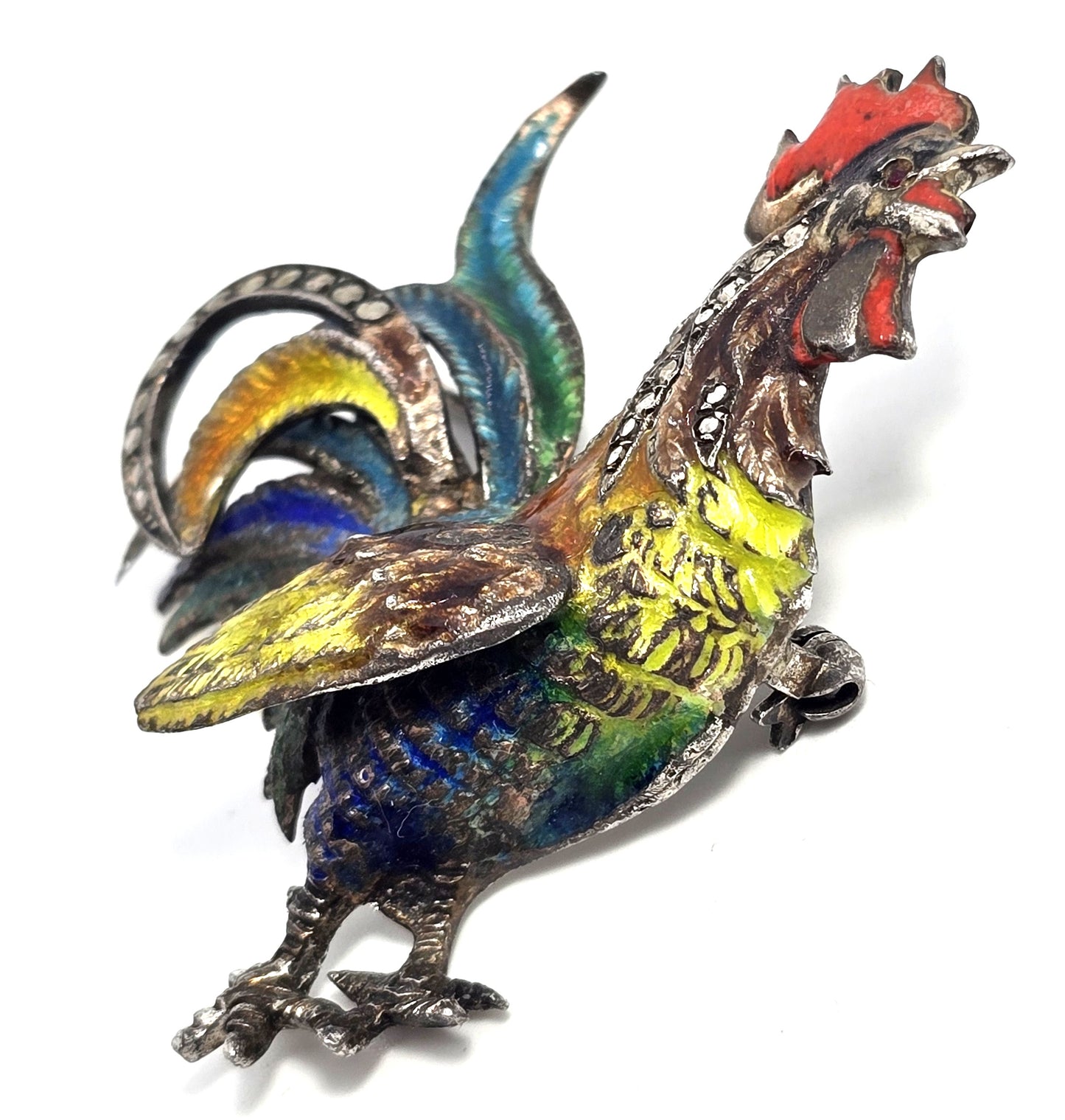 Rooster Alice Caviness Sterling Silver Enamel Marcasite farm Chicken vintage Brooch Pin