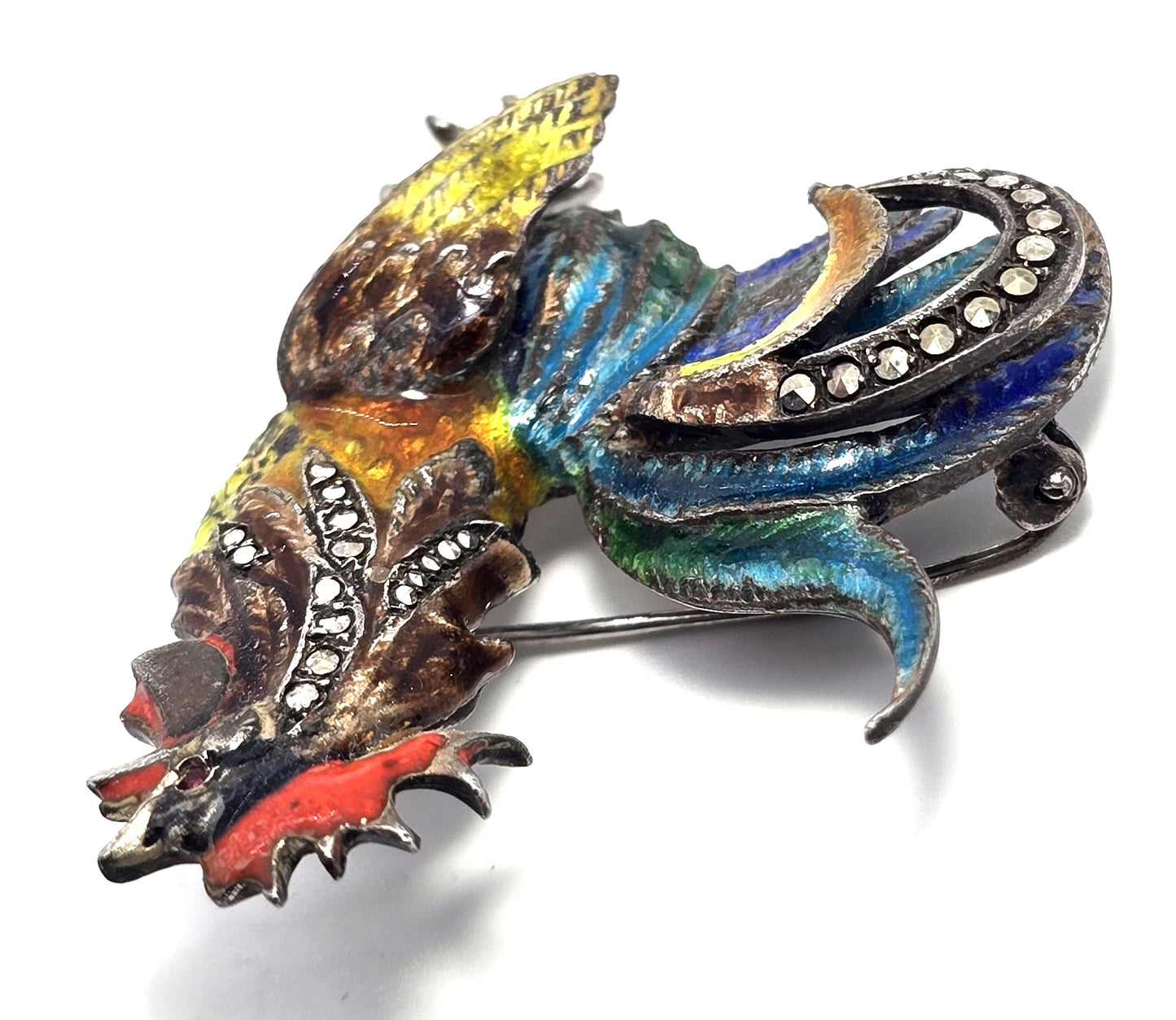 Rooster Alice Caviness Sterling Silver Enamel Marcasite farm Chicken vintage Brooch Pin