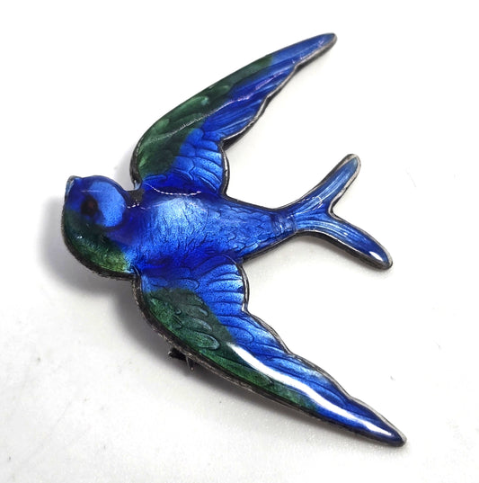 Victorian Antique blue enamel guilloche swallow Sterling Silver Enamel Brooch pin