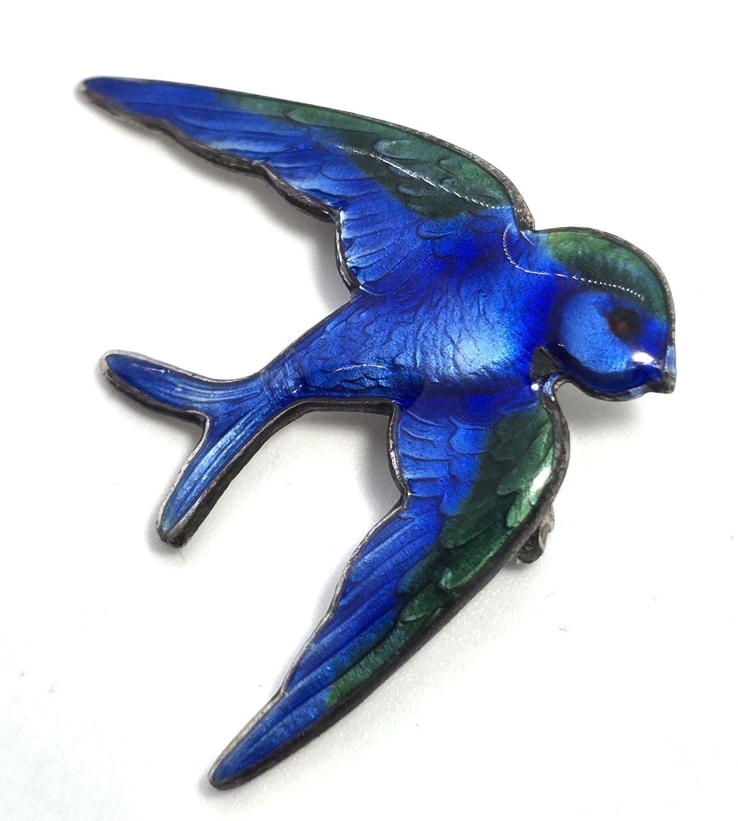 Victorian Antique blue enamel guilloche swallow Sterling Silver Enamel Brooch pin