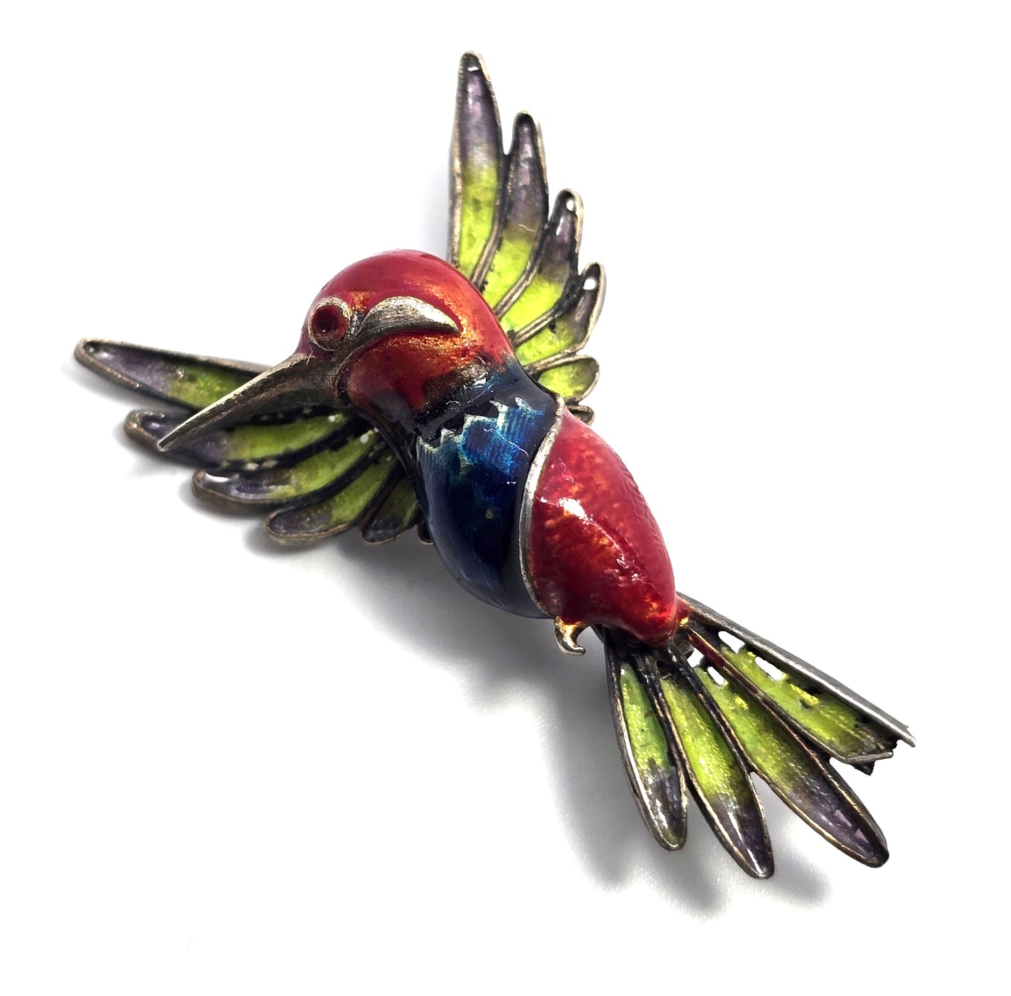 ALIOTO ADRIANA 79 GE enamel hummingbird spun silver gilt 800 sterling silver brooch