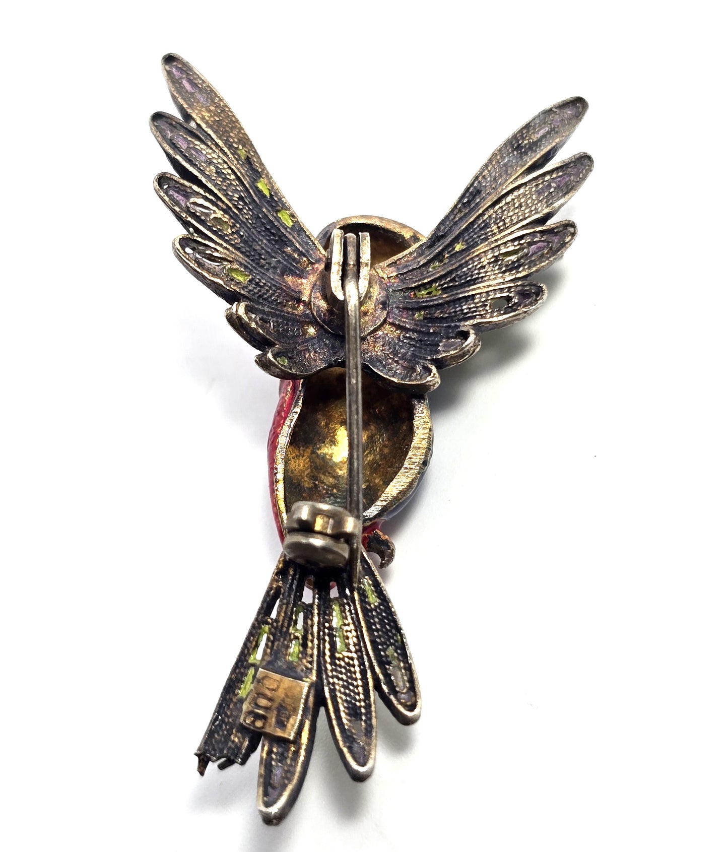 ALIOTO ADRIANA 79 GE enamel hummingbird spun silver gilt 800 sterling silver brooch