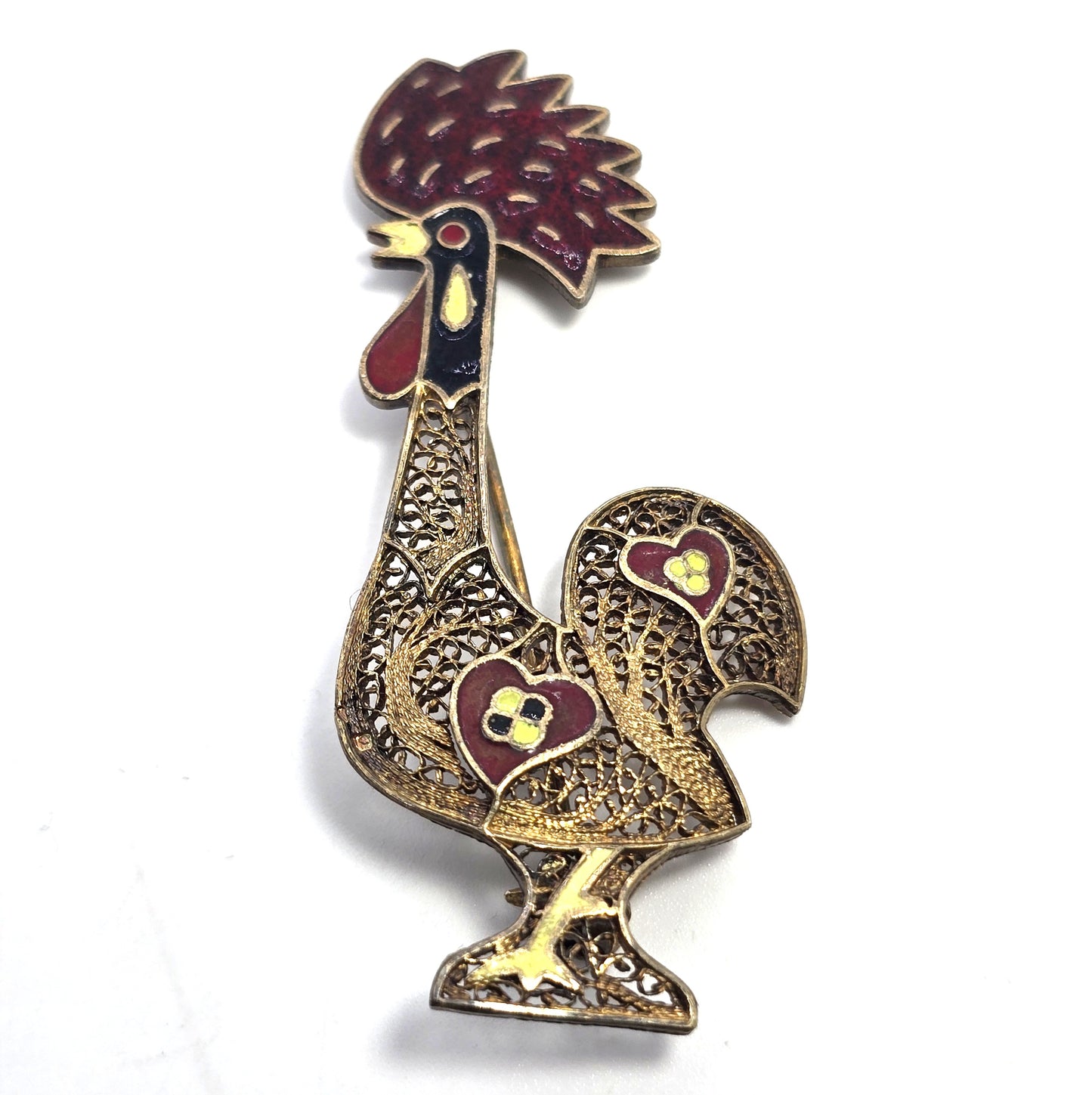 Rooster Enamel Red and yellow spun silver gilt 800 sterling silver brooch