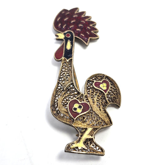 Rooster Enamel Red and yellow spun silver gilt 800 sterling silver brooch