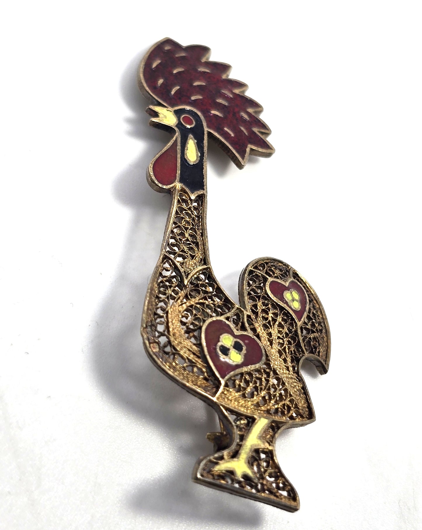 Rooster Enamel Red and yellow spun silver gilt 800 sterling silver brooch