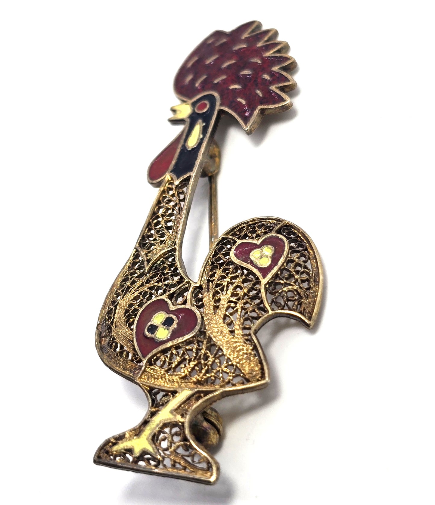 Rooster Enamel Red and yellow spun silver gilt 800 sterling silver brooch