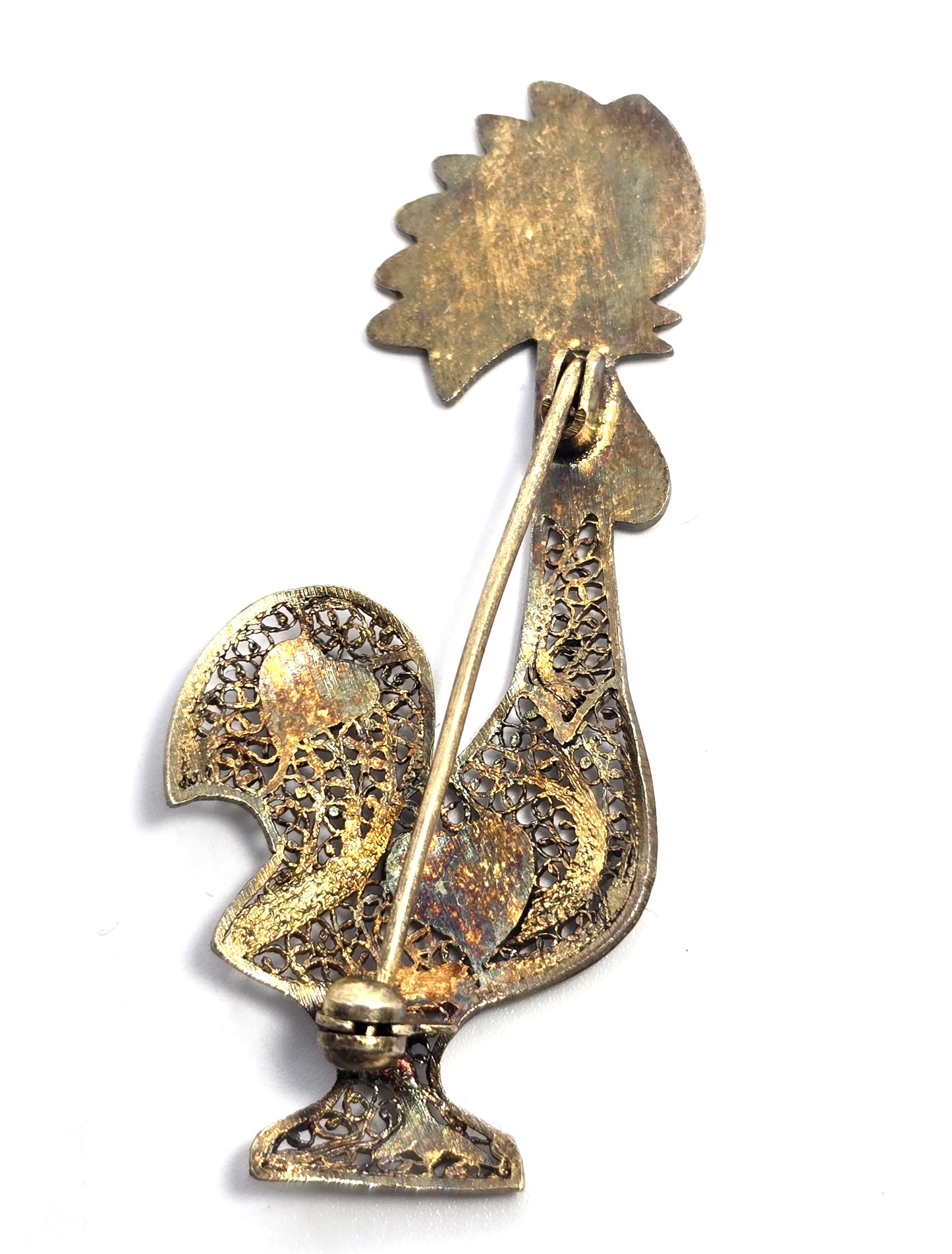 Rooster Enamel Red and yellow spun silver gilt 800 sterling silver brooch