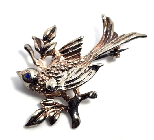 Flying swallow bird on a branch mid century paste vintage silver plated brooch