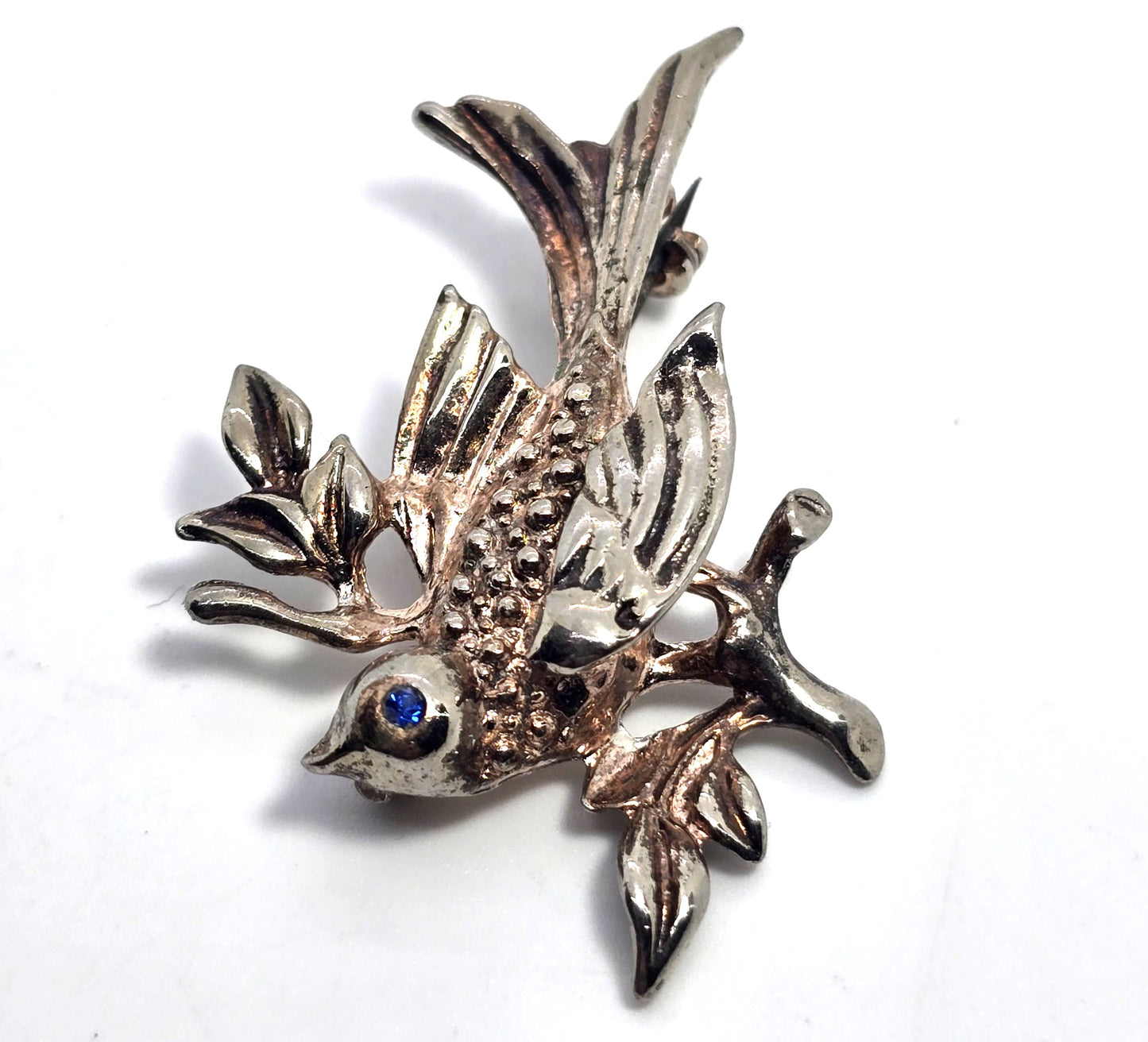 Flying swallow bird on a branch mid century paste vintage silver plated brooch