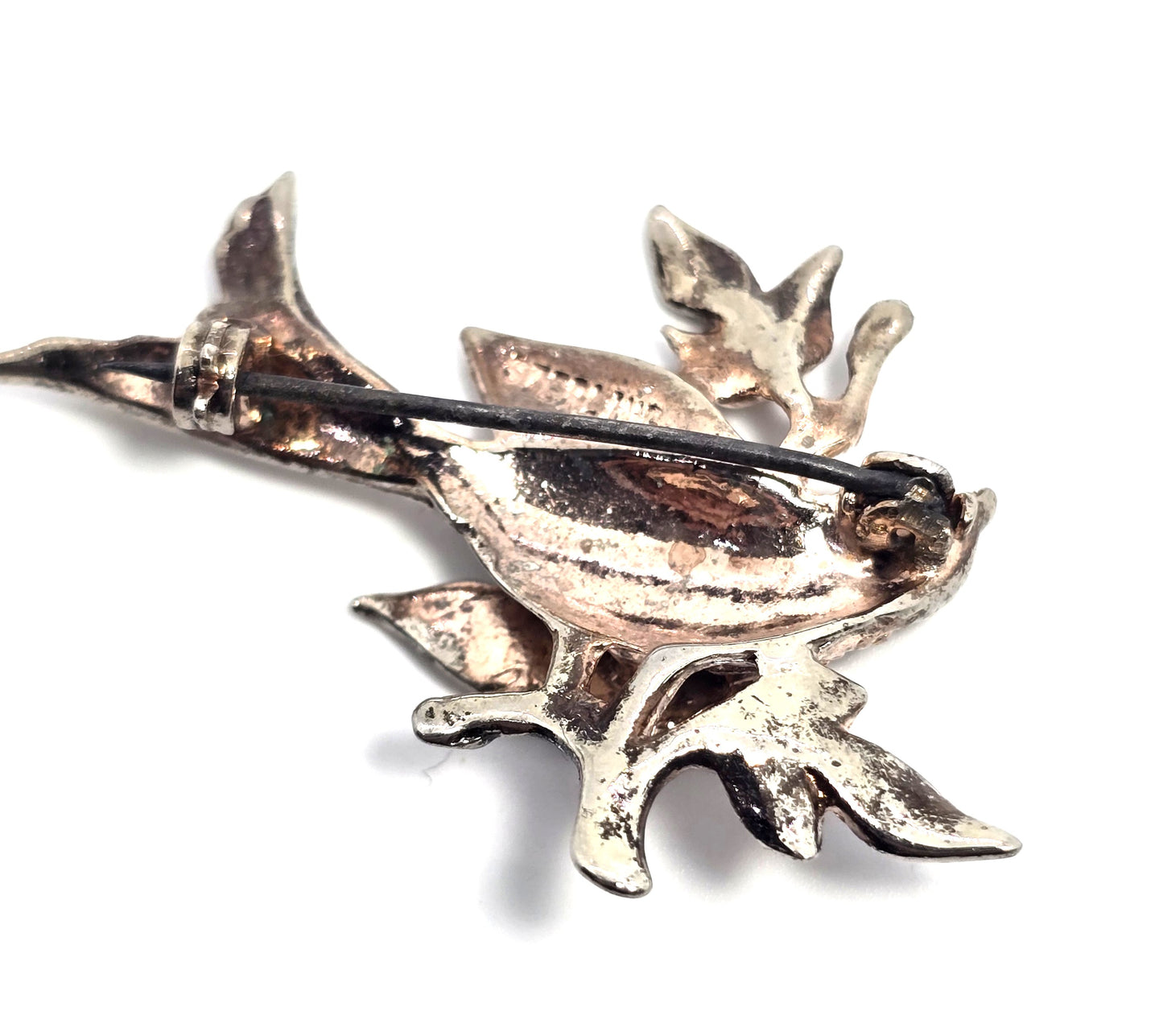 Flying swallow bird on a branch mid century paste vintage silver plated brooch