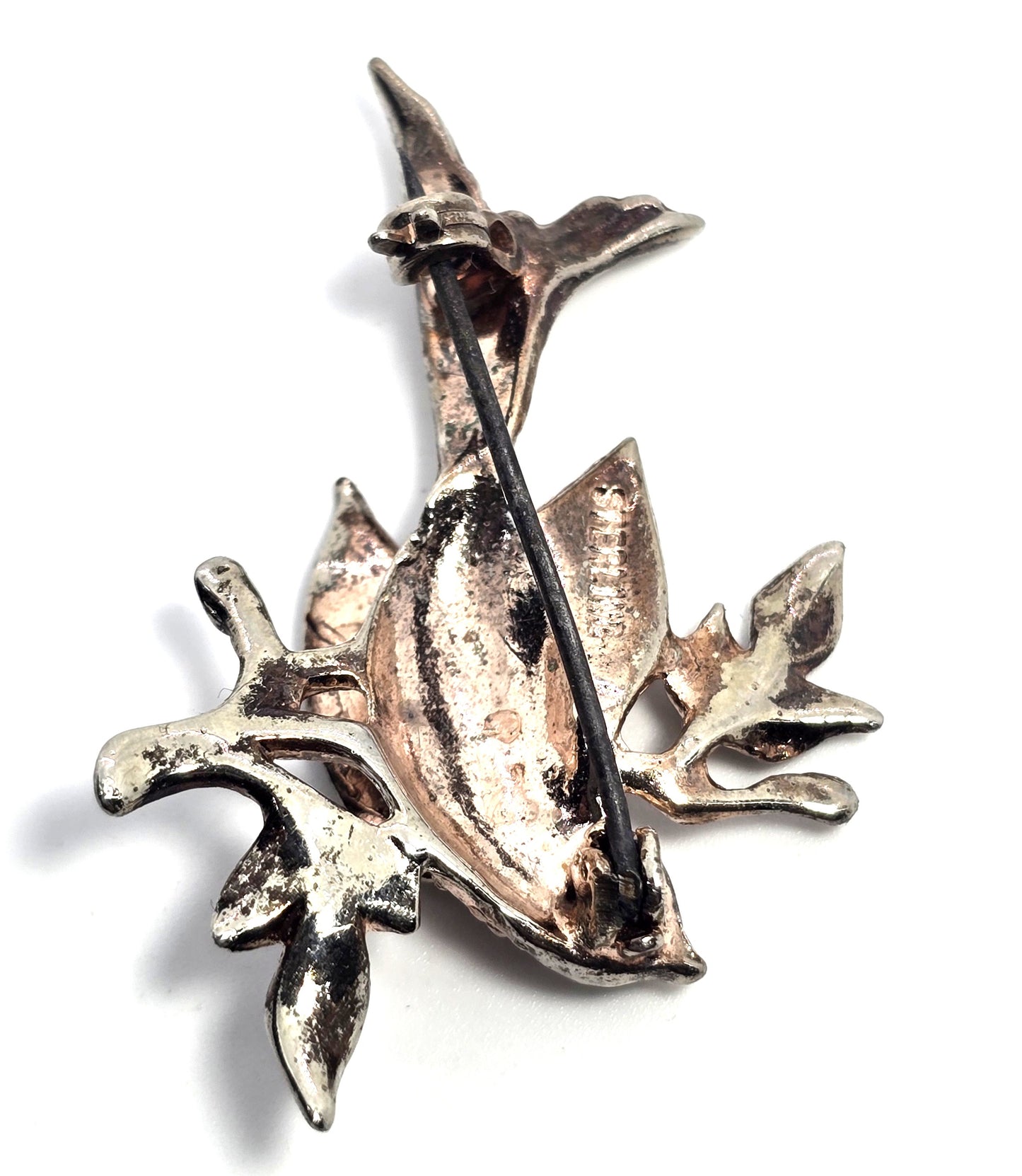 Flying swallow bird on a branch mid century paste vintage silver plated brooch