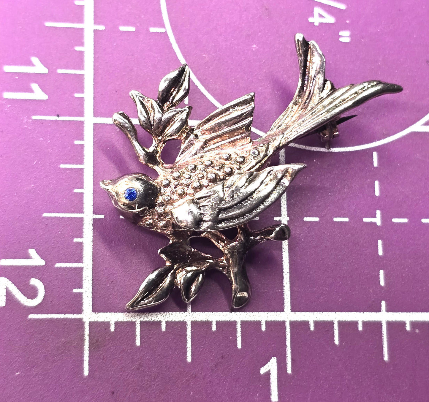 Flying swallow bird on a branch mid century paste vintage silver plated brooch