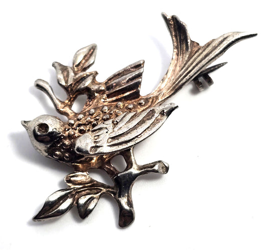 Flying swallow bird on a branch mid century vintage silver plated brooch