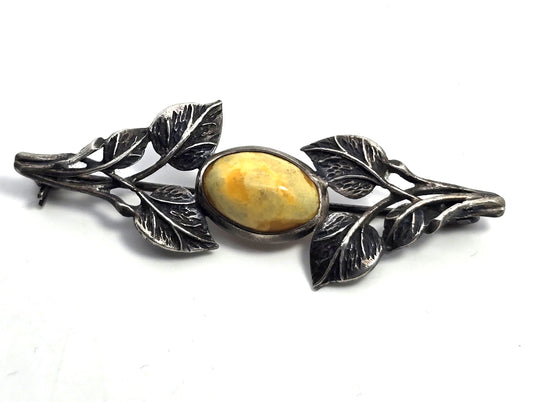 Egg yolk Baltic amber Polish silver vintage sterling leaf and branch bar pin brooch