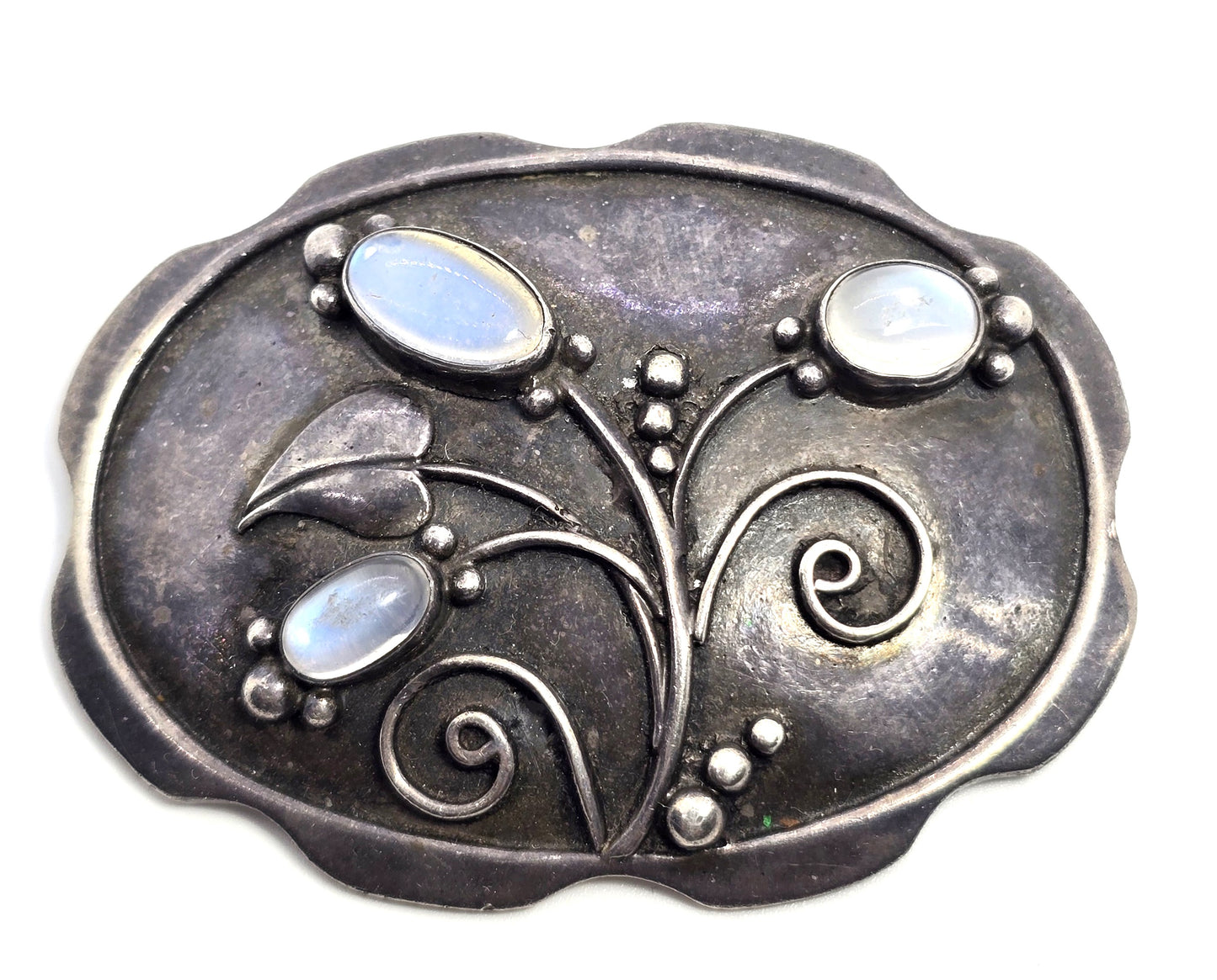 Arts and Crafts blue moonstone flower sterling silver antique brooch