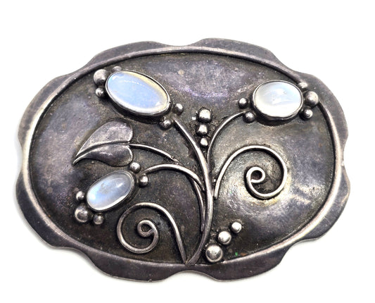 Arts and Crafts blue moonstone flower sterling silver antique brooch