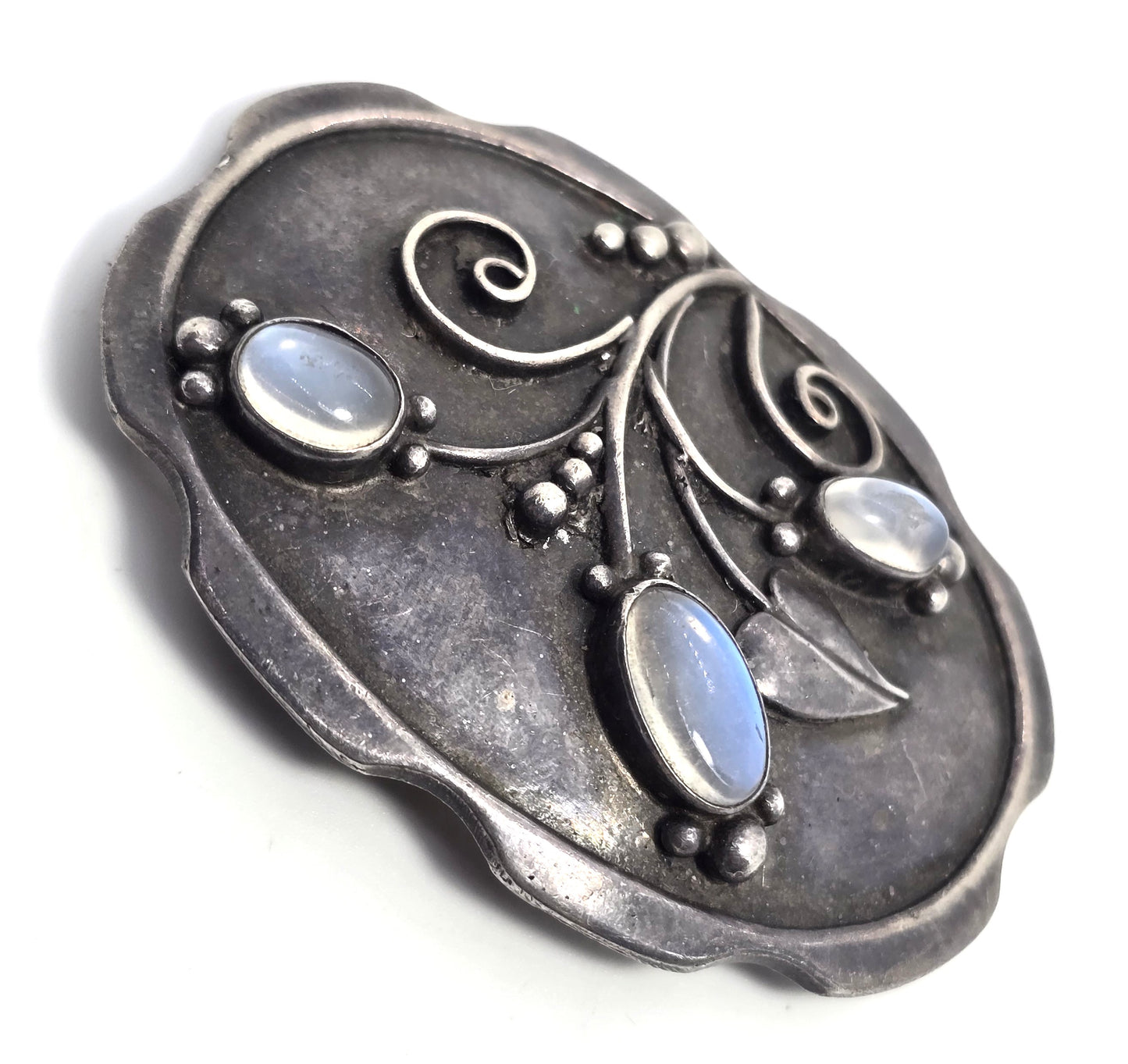 Arts and Crafts blue moonstone flower sterling silver antique brooch