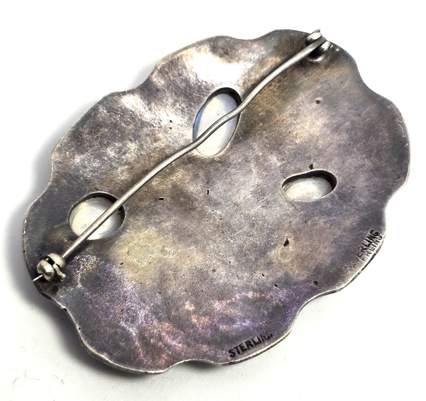 Arts and Crafts blue moonstone flower sterling silver antique brooch