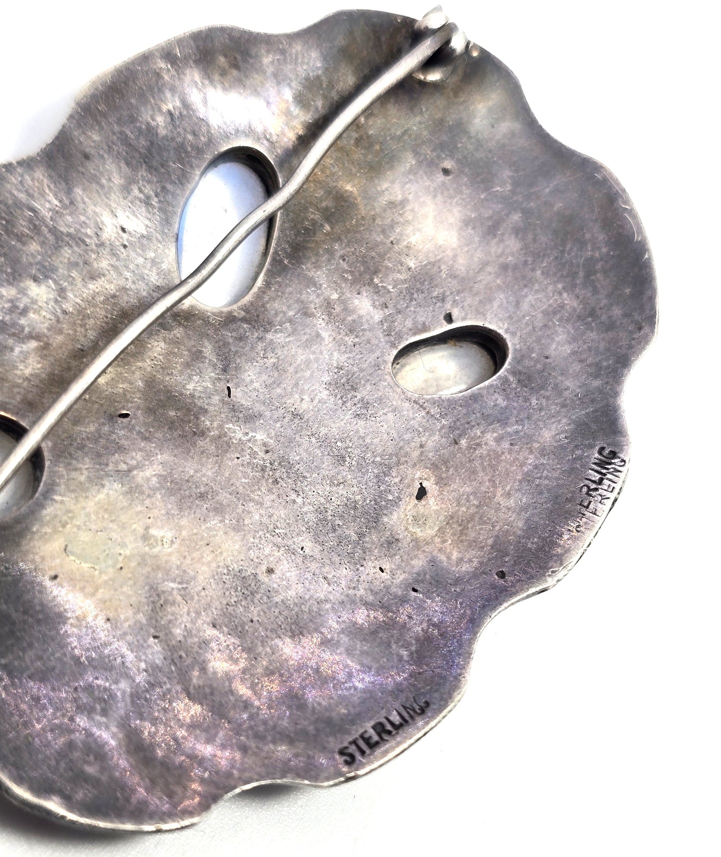 Arts and Crafts blue moonstone flower sterling silver antique brooch